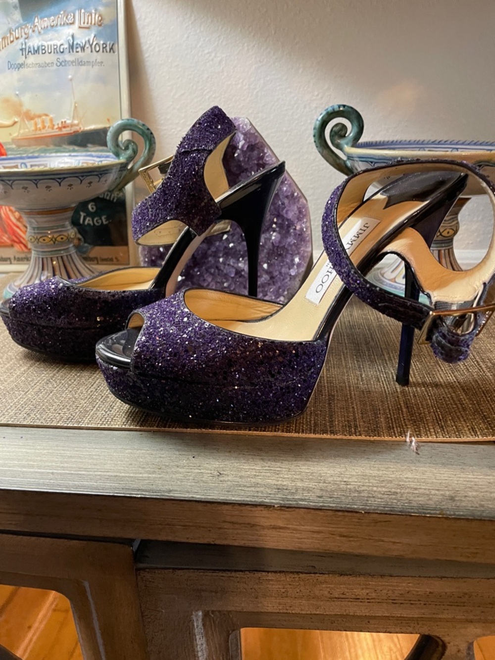 Jimmy Choo Purple Glitter Platform Peep-Toe Heels